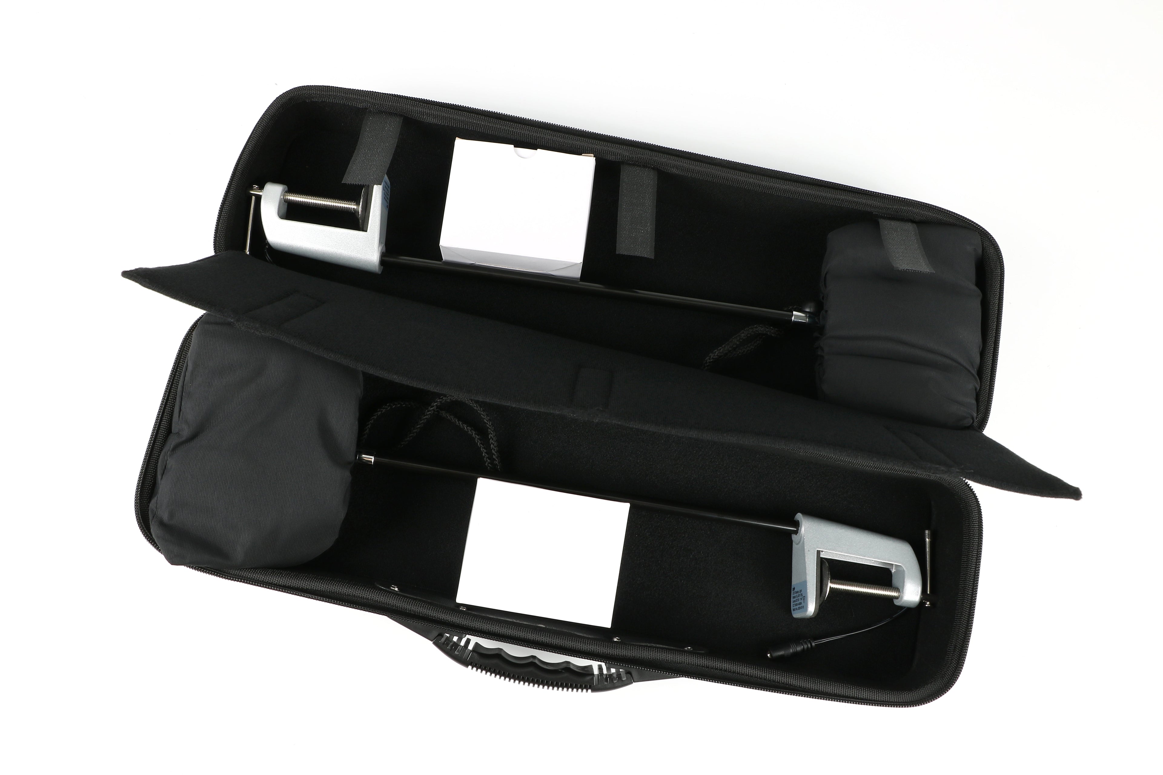 Open EVA hard carrying case with two LED trade show display lights organized inside
