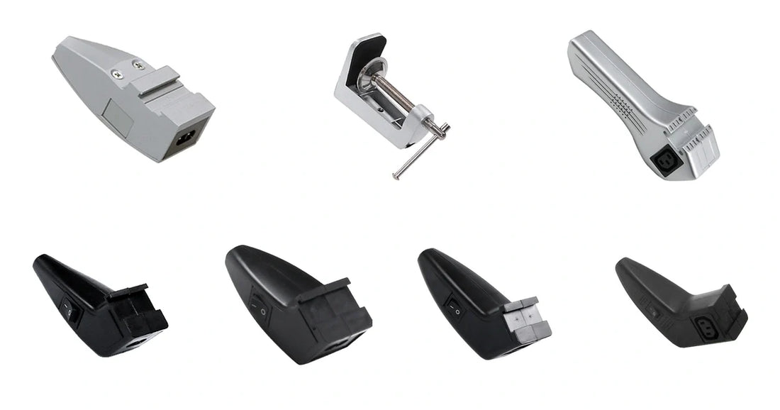 Exhibition arm light rear handles, bases and clamp mounting options
