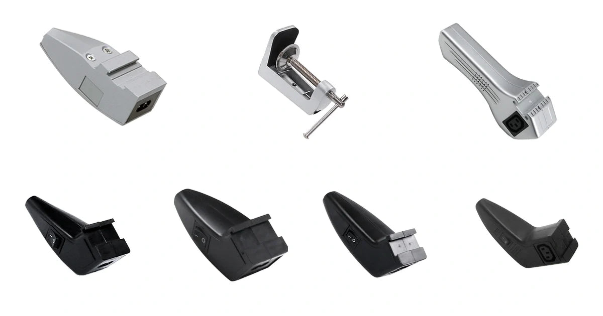 Exhibition arm light rear handles, bases and clamp mounting options