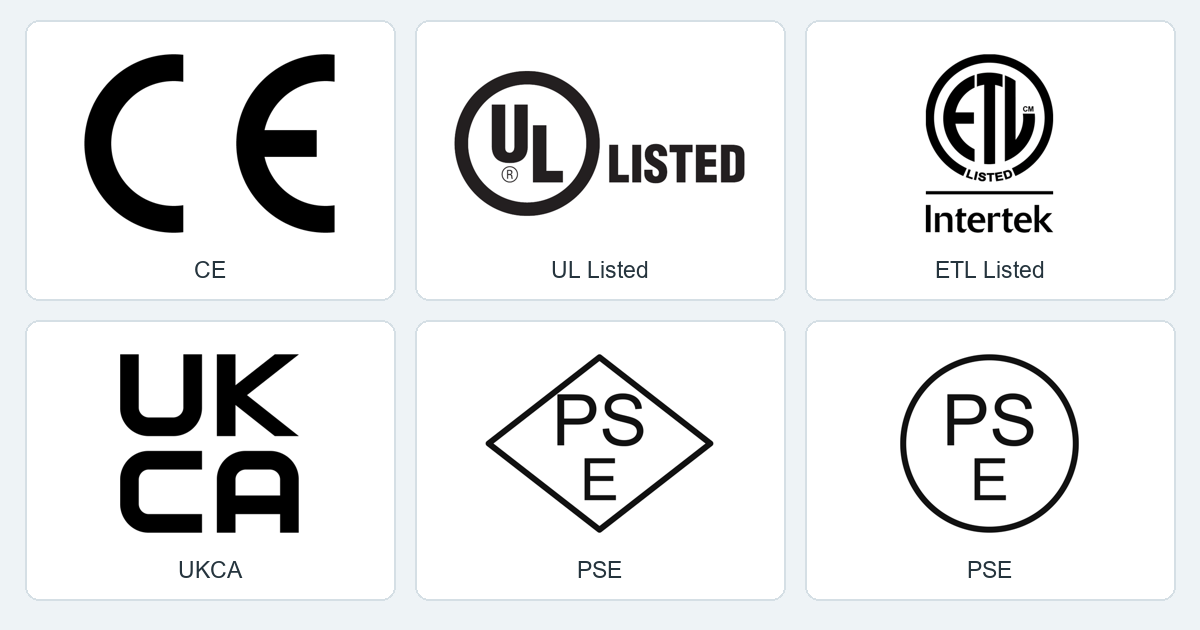 CE · UL Listed · ETL Listed · UKCA · PSE