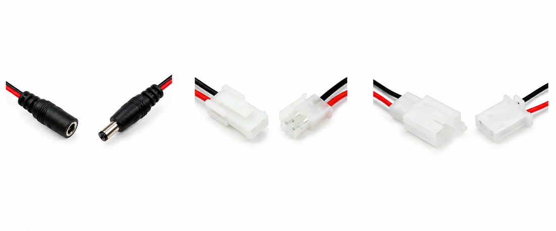 Three LED module connection options: DC barrel, two-pin locking and inline plug connector pairs on white