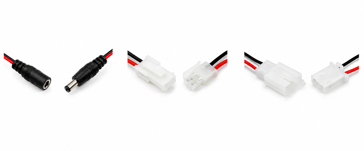 Three LED module connection options: DC barrel, two-pin locking and inline plug connector pairs on white