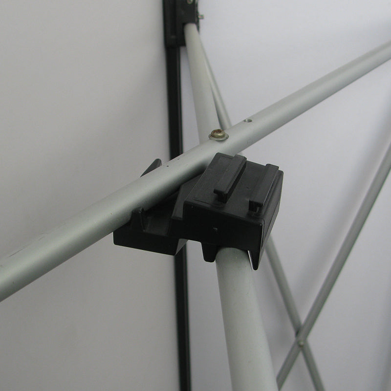 LED arm light mounting clip attached to pop-up display frame