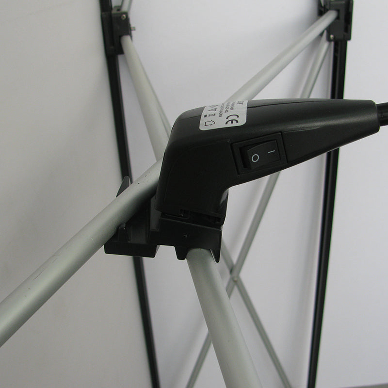 Standard orientation arm light mounting clip on scissor-frame display