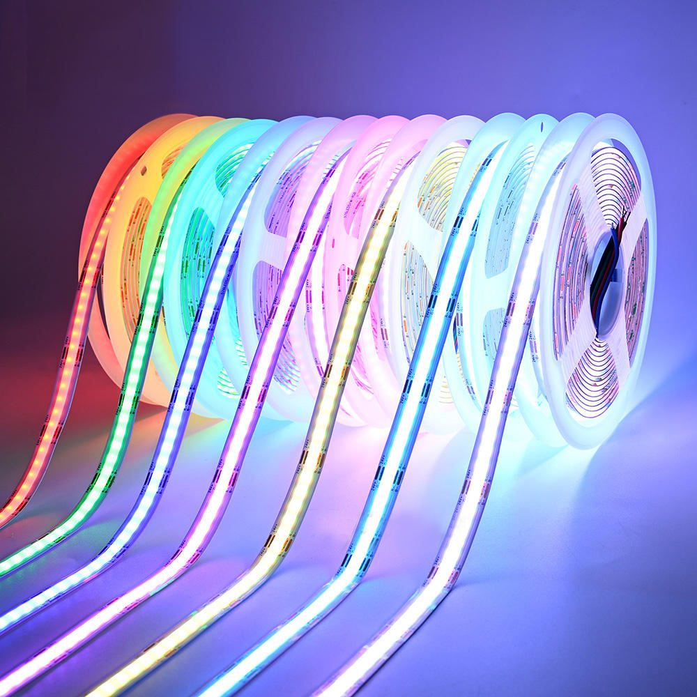 Tira de luces LED COB RGB y CCT – Brillo uniforme sin puntos, 12 V/24 V, rollo de 5 m/20 m para iluminación de exhibición y acento