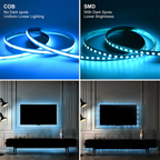 Tira de luces LED COB RGB y CCT – Brillo uniforme sin puntos, 12 V/24 V, rollo de 5 m/20 m para iluminación de exhibición y acento