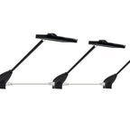 Multiple 11W LED booth arm lights daisy-chained in series — linkable trade show display lighting for exhibition booths