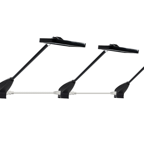 Multiple 11W LED booth arm lights daisy-chained in series — linkable trade show display lighting for exhibition booths