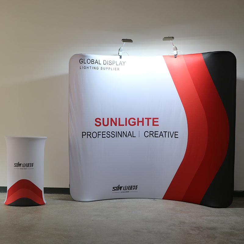 Promotional display with 'Sunlighte' branding and 'Global Display' text on a white wall.