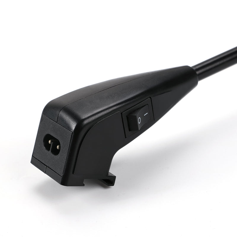 Compact LED display light arm detail — lightweight exhibition lighting connector close-up