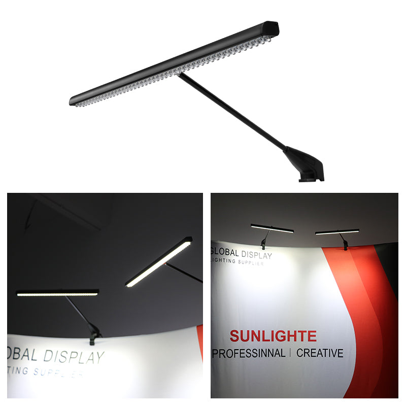 linear LED display light mounted on trade show booth clamp