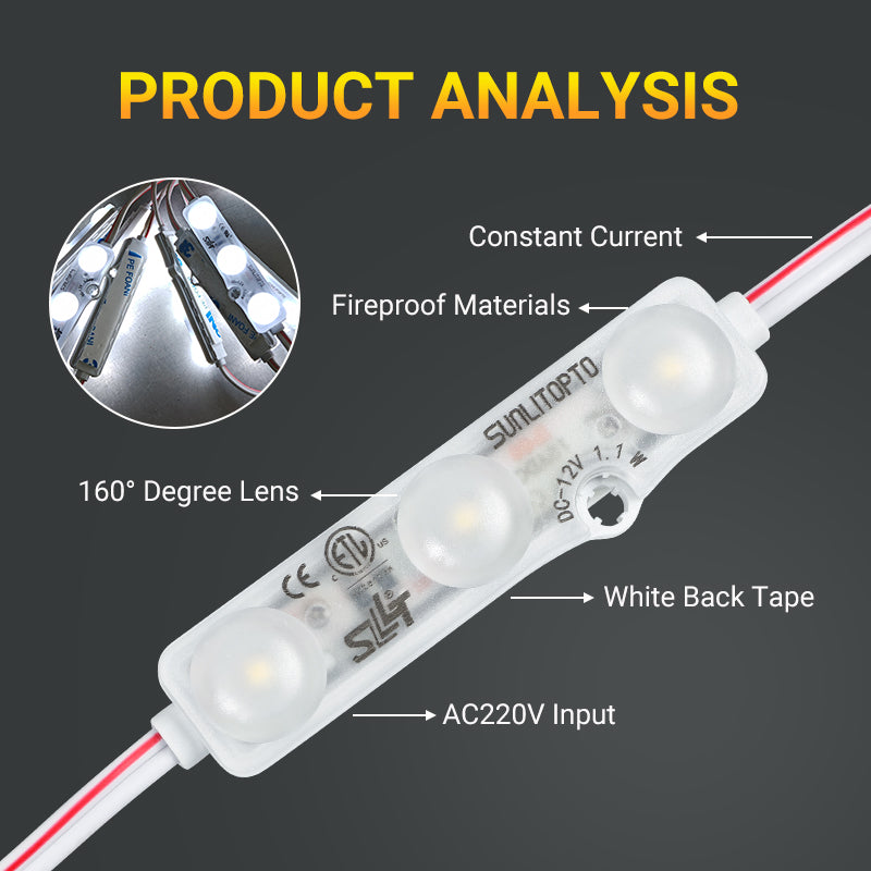 3-LED per module design with 160-degree optic lens for uniform light distribution in fabric light boxes