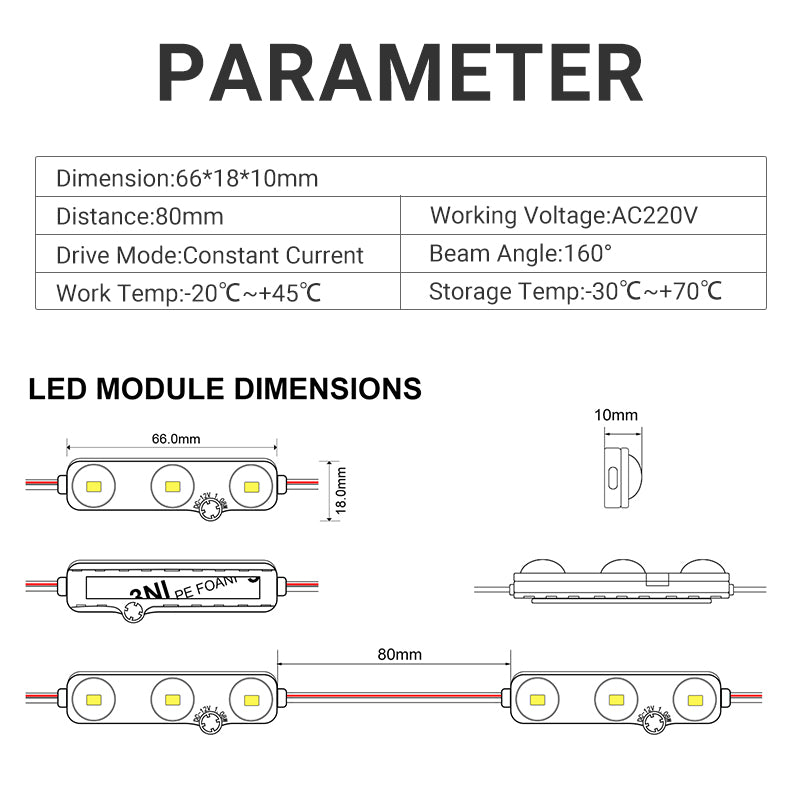 LED module with pre-applied adhesive tape and mounting holes for quick installation on signage surfaces