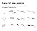 Optional accessories for 50W tri-CCT LED booth arm light – extension cables and mounting hardware for exhibition display