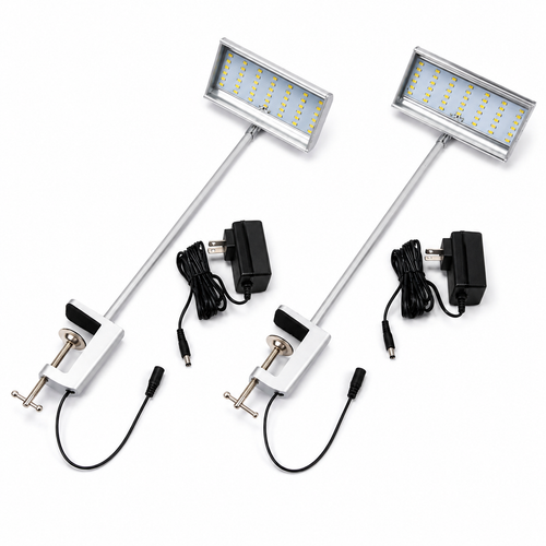 21W LED exhibition arm light for trade show booth – clamp mount, swivel head, silver