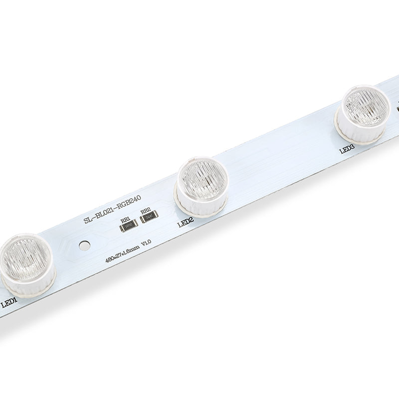 SL-BL021-RGB240 RGB LED bar close-up showing 480x27x16mm dimensions optical lenses and wire connections
