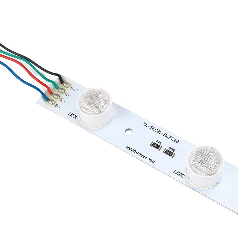 Full view of SL-BL021-RGB240 RGB edge-lit LED light bar 480mm with 6 optical lenses and SM JST daisy chain connectors