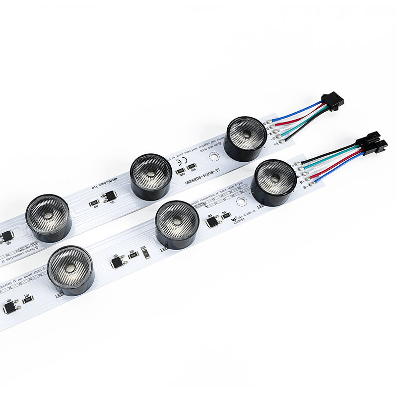 32W RGBW edge-lit LED light bar full side view showing 5-pin SM JST connector and 6 asymmetric optical lenses for SEG fabric lightbox