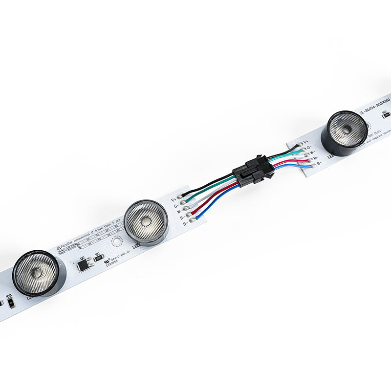 32W RGBW edge-lit bar aluminum PCB substrate showing V+ G W R B wire colors and 5-pin connector pin-out for DC24V installation