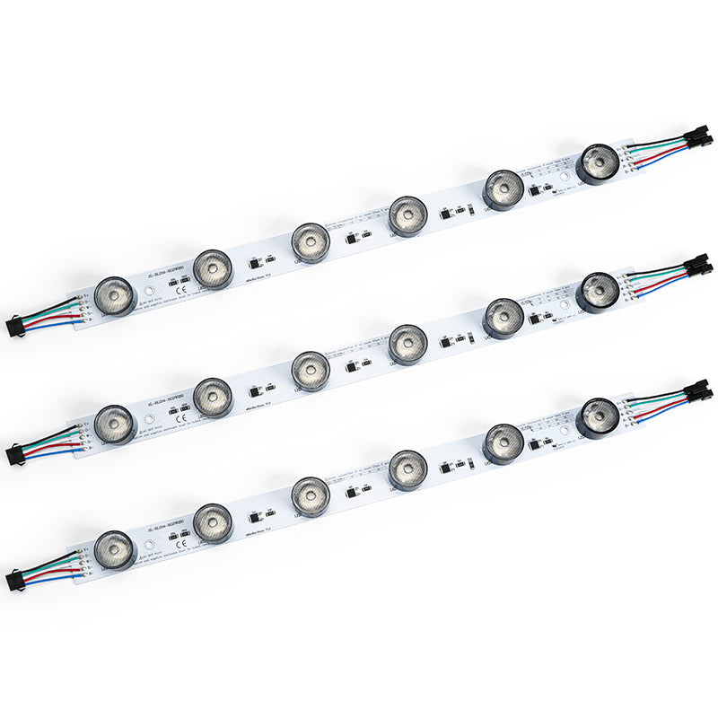 32W RGBW edge-lit LED light bar full side view showing 5-pin SM JST connector and 6 asymmetric optical lenses for SEG fabric lightbox