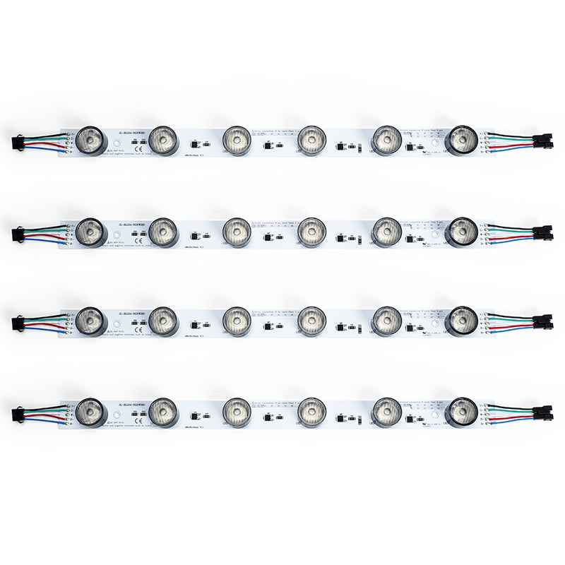 4-pack of 32W RGBW edge-lit LED light bars showing daisy chain wiring configuration for large-format trade show display installation