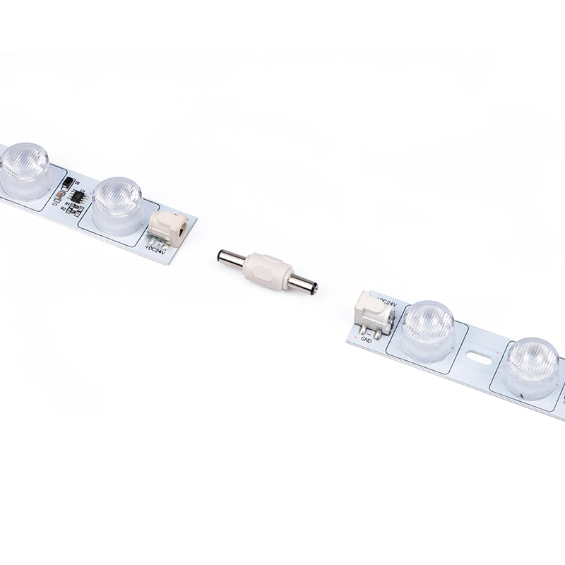 DC plug connector connecting two modular LED backlight bars for light box installation