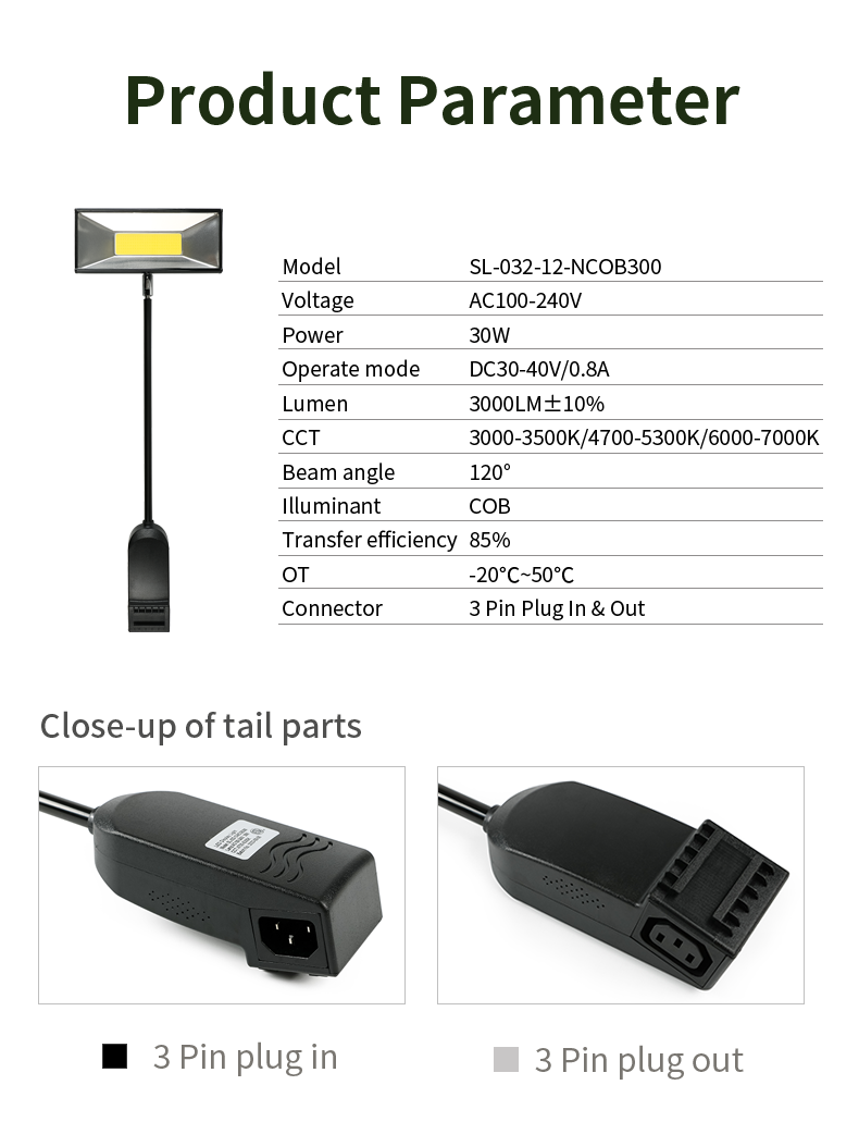 30W COB LED arm light product parameter sheet – SL-032-12-NCOB300 specifications