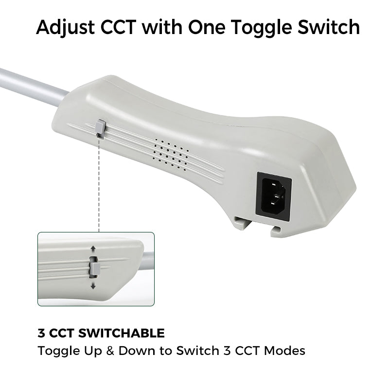 3-CCT switchable LED booth light – toggle between 3000K warm white, 4500K natural white, and 6500K cool white