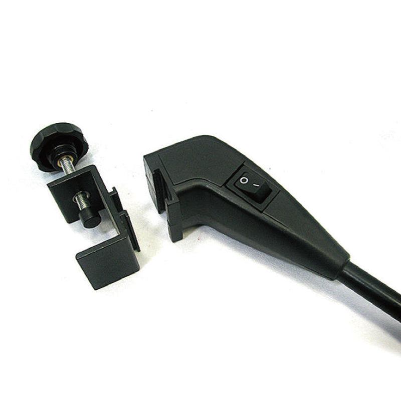 Octanorm booth wall clamp securing arm light on exhibition panel – trade show lighting installation