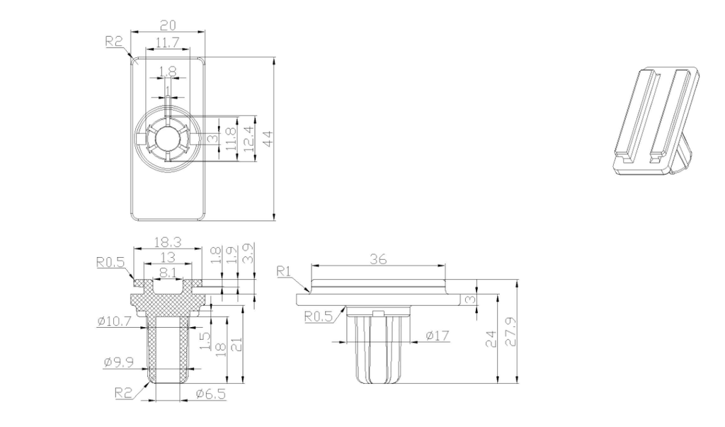 Banner Stand Light Mount Adapter dimensions drawing – T-slot connector and mounting pin specifications