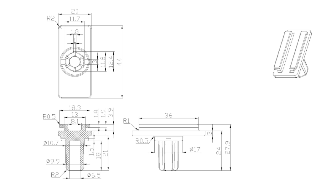 Banner Stand Light Mount Adapter dimensions drawing – T-slot connector and mounting pin specifications