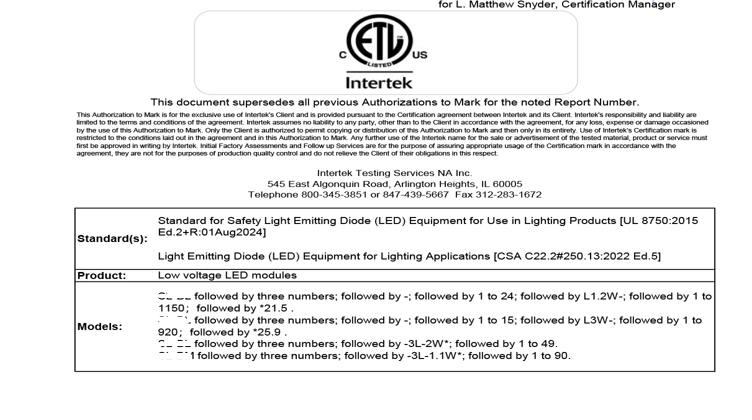 ETL listed certification for DC24V low voltage LED modules – UL 8750 and CSA C22.2 standards