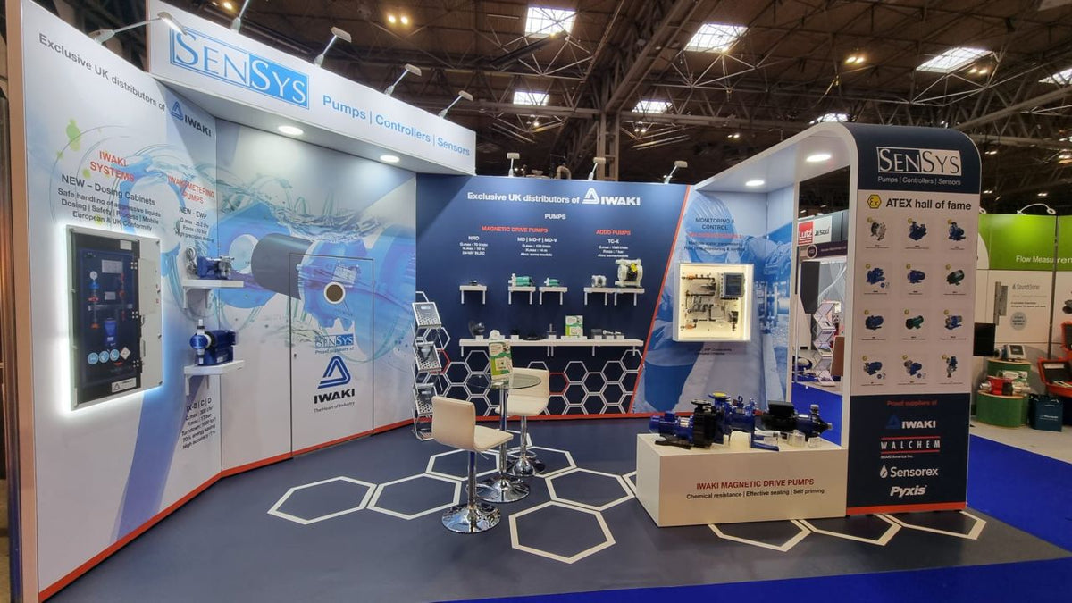 21W linkable LED arm lights above exhibition graphics and industrial product displays
